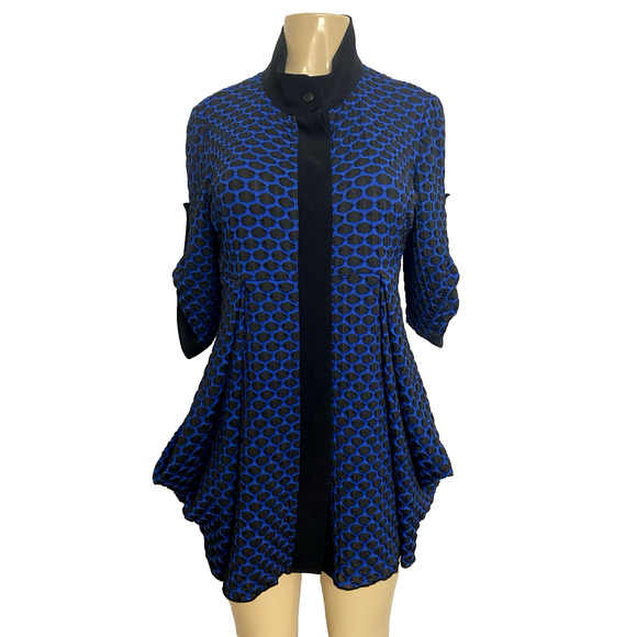 Joseph Ribkoff Jacket Blue Black Textured 3/4 Sleeve Button Down Draped 8 M - Picture 1 of 7